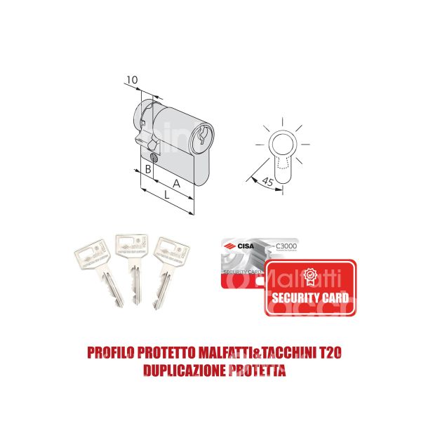 Cisa 0n314070n2 mezzo cilindro sagomato c3000 35 x 10 = 45 mm chiave protetta m&t profilo c3000 t20 cifratura kd nichel satinato