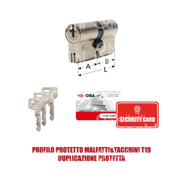 Cisa 0n3s1170n1 cilindro sagomato chiave/chiave c3000 30 x 50 = 80 mm chiave protetta m&t profilo c3000 t19 cifratura kd ottone nichelato