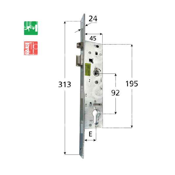 Cisa 43630300 serratura antipanico per montanti anta primaria laterale funzione b entrata 30 quadro 9 int. man. 92 1 mandate frontale 24 x 313 dim. cassa 45 x 195