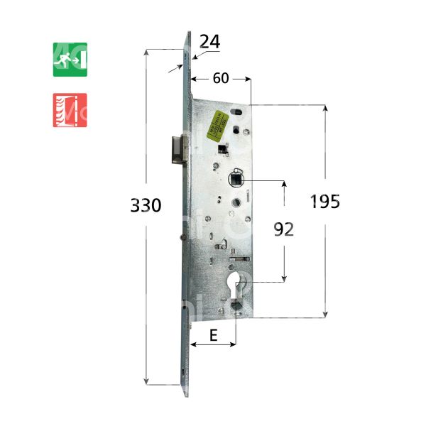 Cisa 43650450 serratura antipanico per montanti anta primaria laterale funzione a entrata 40 quadro 9 int. man. 92 1 mandate frontale 24 x 330 dim. cassa 60 x 195