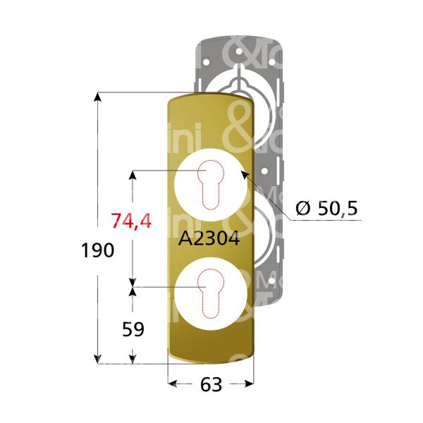 Disec ki2304ol placca foro doppio protettore ottone lucido interasse 74,4 mm 63 x 190 Ø 50,5
