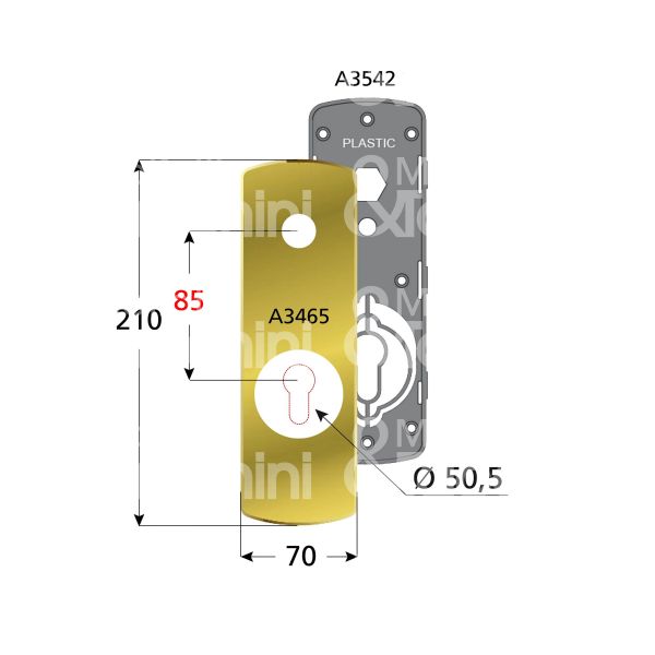 Disec ki3465pcl placca foro maniglia piÙ protettore cromo lucido interasse 85 mm 70 x 210 Ø 50,5