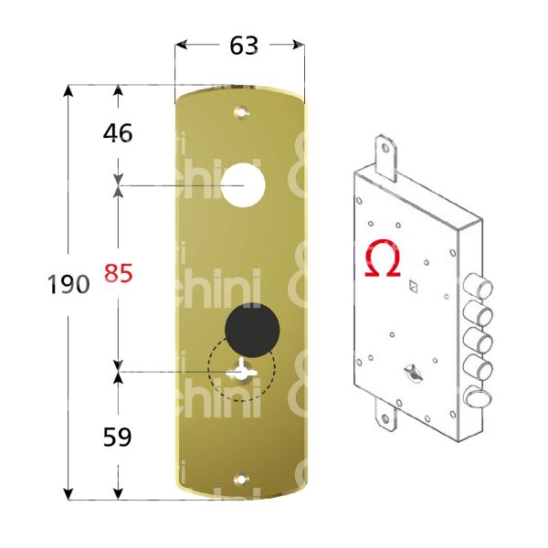 Disec kt2278ol placca foro maniglia piÙ omega ottone lucido interasse 85 mm 63 x 190