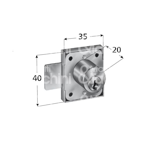 Meroni 2243 serratura per anta a catenaccio Ø 20 lunghezza mm 20 e 17,5 ambidestra chiave piatta kd rotazione 360° 2 estrazione nichelato