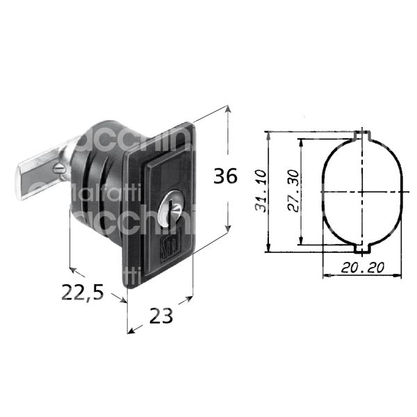 Meroni 2324ne serratura per anta a pulsante Ø 20 lunghezza mm 22,5 ambidestra chiave piatta kd rotazione 90° 1 estrazione nero