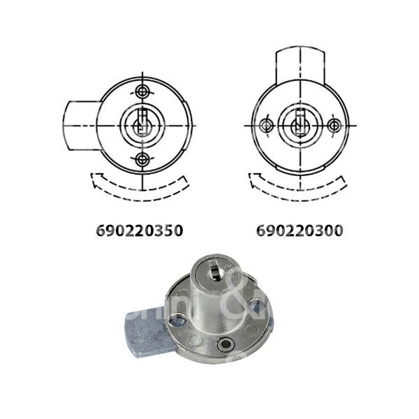 Moia 220300 serratura per cassetto a catenaccio Ø 17 lunghezza mm 21 ambidestra chiave piatta kd rotazione 360° 2 estrazione nichelato