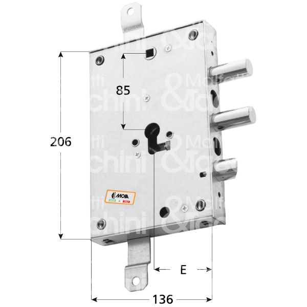 Moia 664500r serratura blindata a cilindro triplice e 63 ambidestra 2 catenacci piÙ scrocco int. cat. 50 sporg. 3,5
