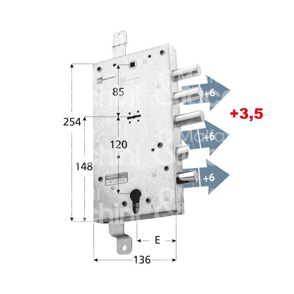 Mottura 89587gs2 serratura per blindata a doppio cilindro indip. per gardesa triplice e 63 sx 3 catenacci piÙ scrocco e 1 servizio int. cat. 37 sporg. 9,5