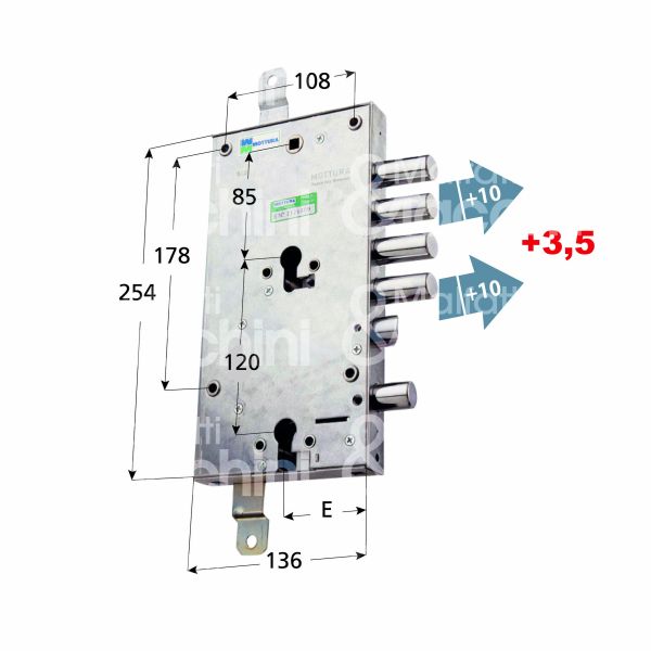 Mottura 898589spaq serratura per blindata a doppio cilindro indip. per pan triplice e 63 sx 4 catenacci piÙ scrocco e 1 servizio int. cat. 28 sporg. 13,5