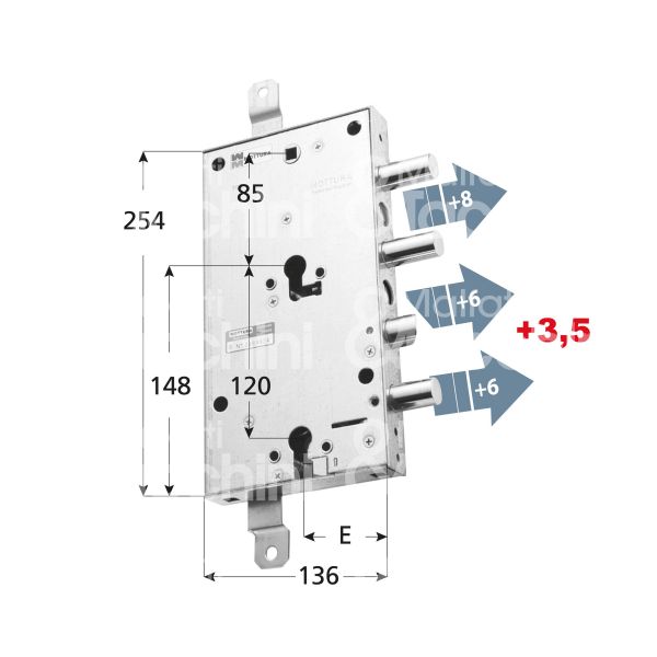 Mottura 898595cpdq serratura per blindata a doppio cilindro dip. per cpc triplice e 63 dx 2 catenacci piÙ scrocco e 1 servizio int. cat. 56 sporg. 11,5