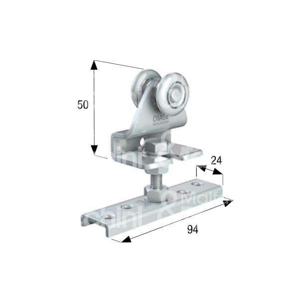 Omge 44 carrello per scorrevoli art. 44 roll-ge 20 2 ruote materiale acciaio nylon Ø mm 24 fissaggio perno m 8 portata kg 35 per binario art. 20