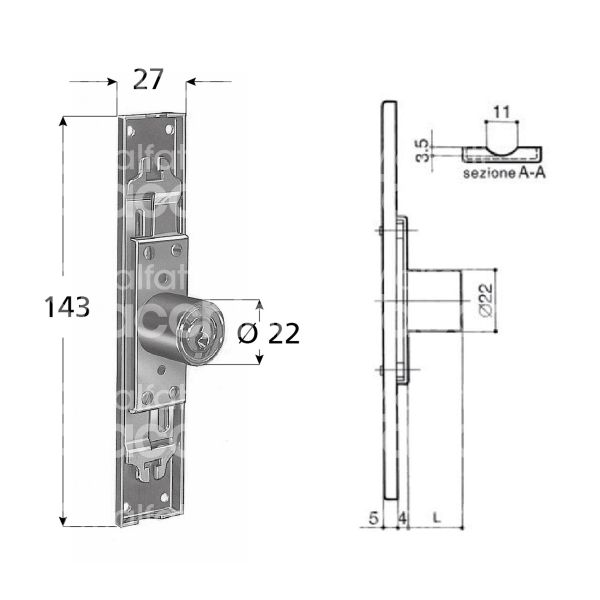 Prefer 4481 serratura per anta a stringa Ø 22 lunghezza mm 20 ambidestra chiave piatta kd rotazione 180° 2 estrazione zincata
