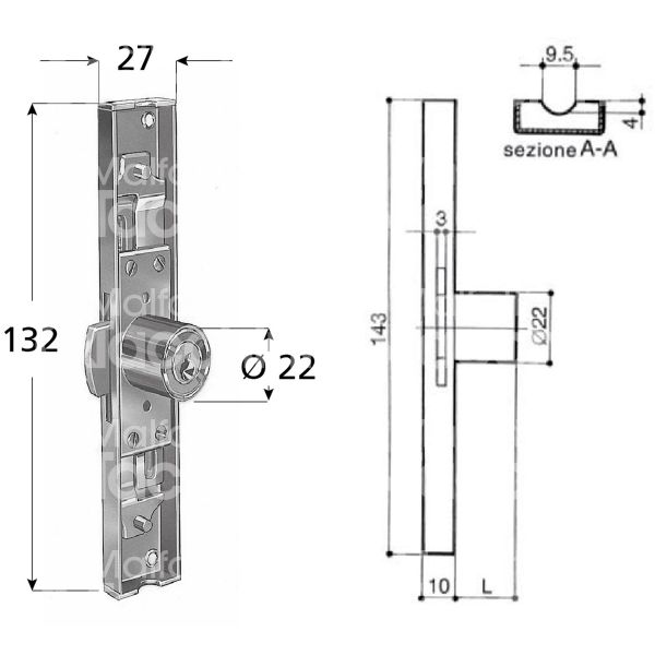 Prefer 4581 serratura per anta a stringa Ø 22 lunghezza mm 19 ambidestra chiave piatta kd rotazione 180° 2 estrazione zincata