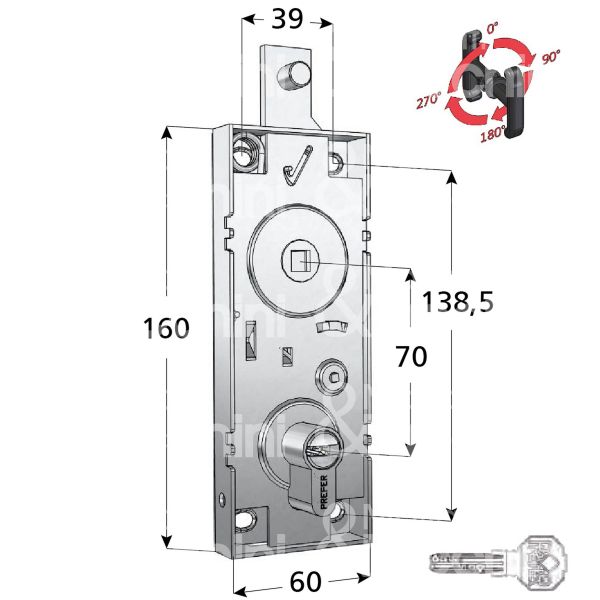 Prefer w5980820 serratura per basculante a 1 punto di chiusura foro sagomato / chiave punzonata cifratura kd