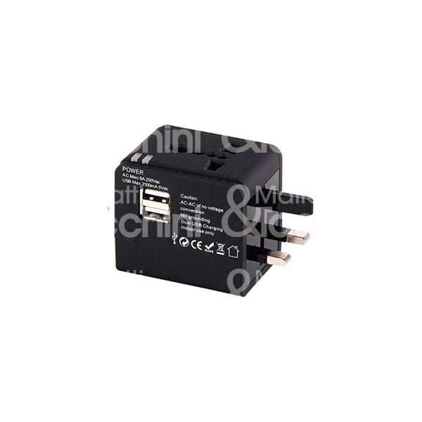 Proxe 722509 adattatore da viaggio art. 722509 nero spina universale / presa universale + 2 prese usb - 6 a - 100/240v -