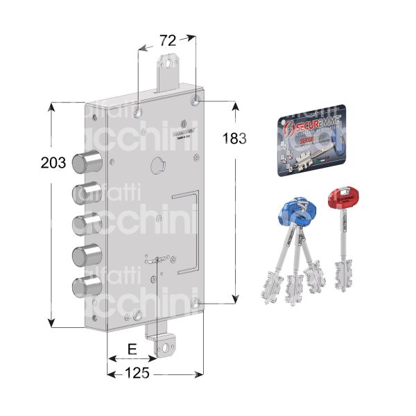 Securemme 1411scrs56 serratura doppia mappa per porte blindate triplice ambidestra 5 catenacci int. cat. 28 sporg. 3,5