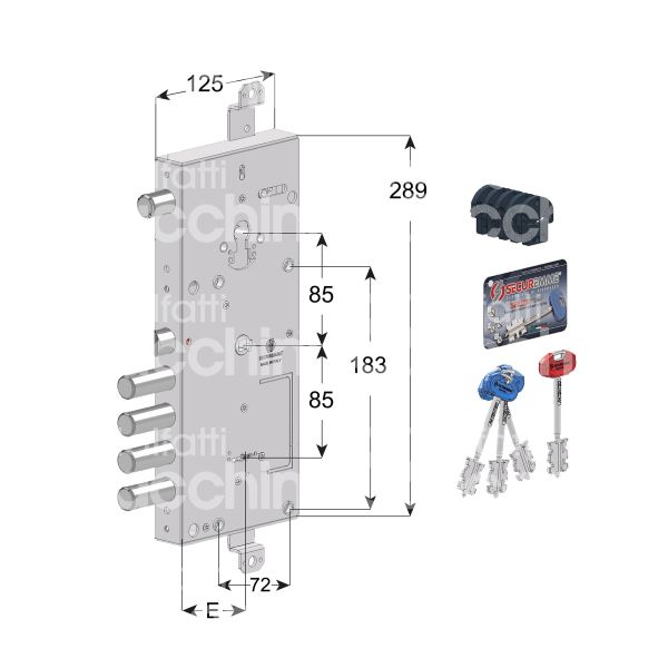 Securemme 1431scrs56 serratura plurisistema per blindate triplice e 64 ambidestra 4 catenacci piÙ scrocco e 1 servizio int. cat. 28 sporg. 3,5