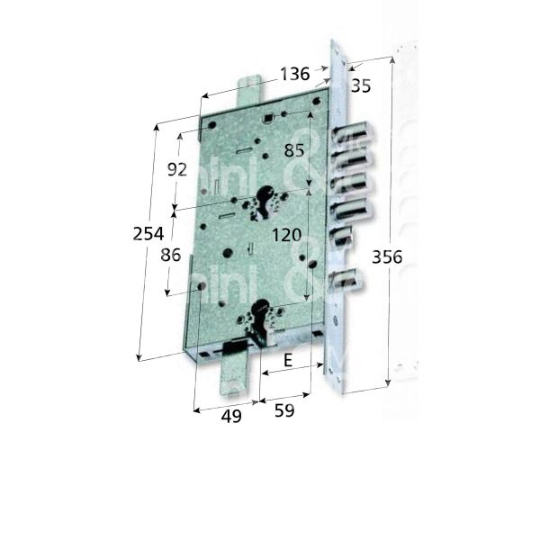 Securemme 2633u28 serratura per blindata a doppio cilindro indip. triplice e 63 ambidestra 4 catenacci piÙ scrocco e 1 servizio int. cat. 28 sporg. 3,5