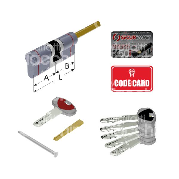 Securemme k50q3131 cilindro sagomato codolo rasabile k50 31 x 31 = 62 mm chiave punzonata profilo 1bb cifratura kd cromo satinato