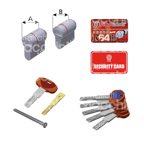 Securemme k64cs27275 testa cilindro sagomato pomolo/chiave/chiave 27 x 27 = chiave punzonata profilo 1b cifratura kd cromo satinato