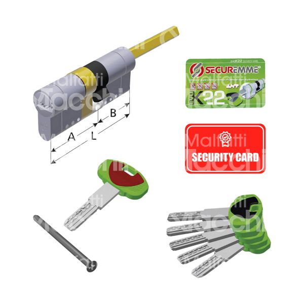 Securemme tqcs313115 cilindro sagomato codolo rasabile k22 modulare 31 x 31 = 62 mm chiave punzonata cifratura kd cromo satinato